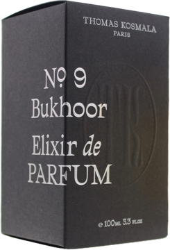 Czarne opakowanie Thomas Kosmala No. 9 Bukhoor Elixir de Parfum 100ml z białym napisem, widok z przodu.