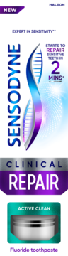 Sensodyne Clinical Repair Active Clean, pasta z fluorkiem, pionowe opakowanie z DNA i napisem NEW.