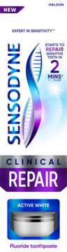 New Sensodyne Clinical Repair Active White fluoride toothpaste. Purple and blue packaging, promises '2 MINS' repair.