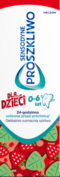 Sensodyne ProSzkliwo pasta dla dzieci 0-6 lat w biało-czerwonym opakowaniu z truskawkami, widok z przodu.