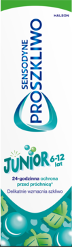 Sensodyne Proszkliwo Junior 6-12 lat, białe opakowanie, pasta do zębów chroniąca przed próchnicą, z przodu.