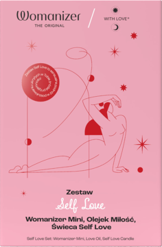 Różowe pudełko Womanizer Self Love Set z minimalistycznym rysunkiem kobiety, napis Womanizer Mini, Olejek, Świeca.