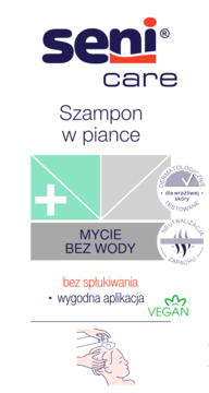 Seni Care Szampon w piance, biała butelka z grafiką "mycie bez wody" i logo VEGAN, dla wrażliwej skóry, z przodu.