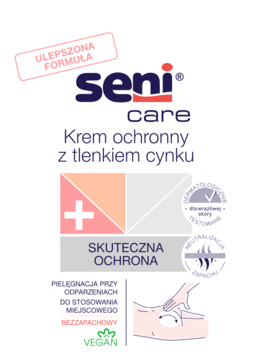 Białe opakowanie kremu ochronnego Seni Care z tlenkiem cynku, widok z przodu, z napisem "ULEPSZONA FORMUŁA".