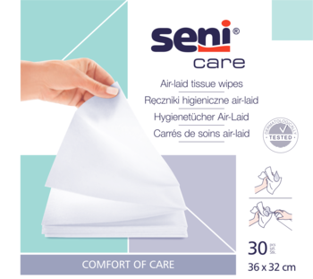 Opakowanie ręczników Seni Care air-laid, z dłonią trzymającą białe chusteczki, 30 sztuk, 36x32 cm.
