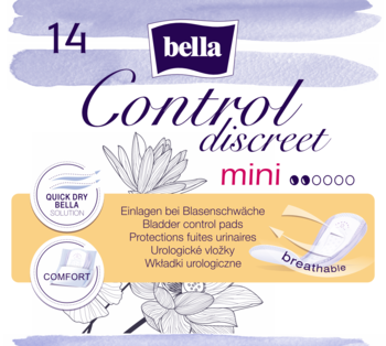 Biało-fioletowe opakowanie Bella Control Discreet mini, 14 szt. wkładki urologiczne, widok z przodu, dla lekkiego nietrzymania moczu.