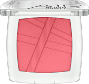Matowy róż Catrice Air Blush Matt 120 Berry Breeze w białym kwadratowym opakowaniu, z różowym pudrem o prążkowanej teksturze.