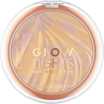 Rozświetlacz Catrice Glowlights, okrągły, biały, z pudrem w odcieniach złota i różu z wzorem palm, widok z góry.