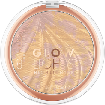 Rozświetlacz Catrice Glowlights, okrągły, biały, z pudrem w odcieniach złota i różu z wzorem palm, widok z góry.