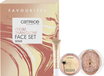 Catrice More Than Glow Face Set Gold: pudełko, płynny rozświetlacz, dwa kompakty (rozświetlacz, bronzer).