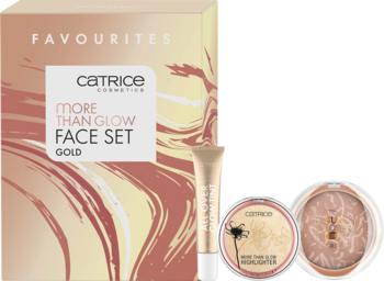 Catrice More Than Glow Face Set Gold: pudełko, płynny rozświetlacz, dwa kompakty (rozświetlacz, bronzer).