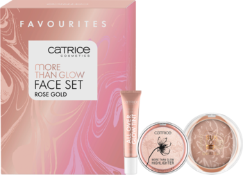 Zestaw Catrice More Than Glow Face Set Rose Gold: pudełko, płynny rozświetlacz, rozświetlacz, bronzer, widok z przodu.