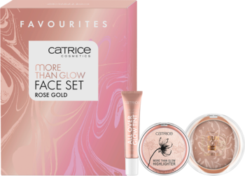 Zestaw Catrice More Than Glow Face Set Rose Gold: pudełko, płynny rozświetlacz, rozświetlacz, bronzer, widok z przodu.
