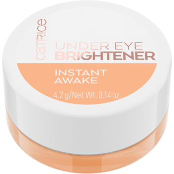 Rozjaśniający korektor Catrice Under Eye Brightener w białym, okrągłym słoiczku z pomarańczową etykietą, widok z góry.