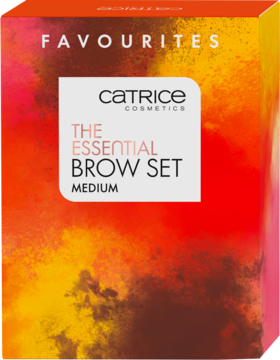 Catrice The Essential Brow Set Medium, wegański zestaw do brwi w ognistym pudełku, widok z przodu.