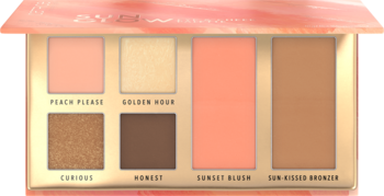 Złota paleta Catrice Sun Glow otwarta. Zawiera 6 cieni: matowe i błyszczące brązy, peachy róż, złoto. Do twarzy i oczu.