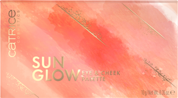 Catrice Sun Glow Eye & Cheek Palette: prostokątna, brzoskwiniowo-złota z napisem, do makijażu oczu i policzków.