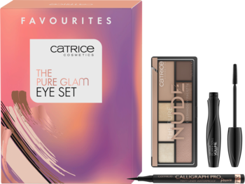 Catrice The Pure Glam Eye Set: różowe pudełko, paleta cieni nude, czarna maskara i eyeliner na różowym tle.