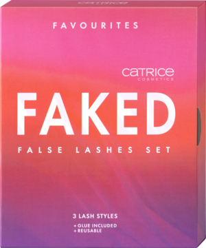 Zestaw sztucznych rzęs Catrice Faked False Lashes Set w gradientowym pudełku. Zawiera 3 style rzęs i klej.
