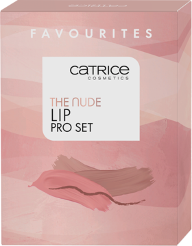 Catrice The Nude Lip Pro Set: różowe pudełko z grafiką pociągnięć szminki, wegański zestaw do ust nude.