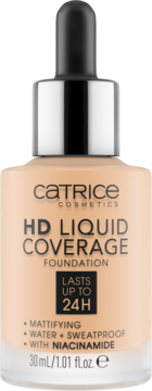Matujący podkład Catrice HD Liquid Coverage w beżowej szklanej butelce z dropperem, widok z przodu.
