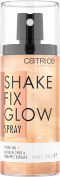 Catrice Shake Fix Glow Spray 50ml, pomarańczowy, rozświetlający spray nawilżający z ekstraktami roślinnymi, widok z przodu.