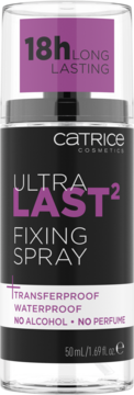 Czarny Catrice Ultra Last#00b2 Fixing Spray, 18h trwałości, wodoodporny, bez alkoholu i perfum, widok z przodu.