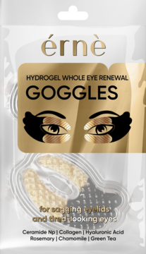 Érnè Hydrogel Goggles, płatki pod oczy na opadające powieki, z ceramidami, w białej saszetce, widok z przodu.