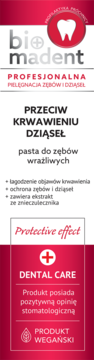 Bio Madent Profesjonalna pasta do zębów przeciw krwawieniu dziąseł, biało-czerwone opakowanie, widok przód.