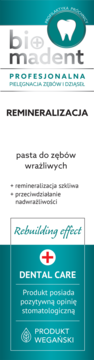 Bio Madent pasta do zębów remineralizująca, do wrażliwych zębów, z efektem odbudowy. Pionowe biało-turkusowe opakowanie.