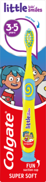 Colgate Little Kids' Smiles, żółta szczoteczka dla dzieci 3-5 lat, super miękka, z przyssawką, w opakowaniu.