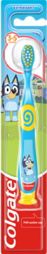 Colgate, niebieska, bardzo miękka szczoteczka dla dzieci 3-5 lat, z postaciami Bluey i przyssawką, widok z przodu.