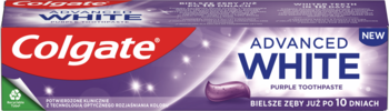 Fioletowe opakowanie pasty Colgate Advanced White Purple, widok z przodu, z dużym napisem NEW i logo.