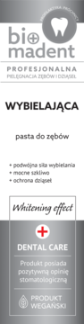 Bio Madent profesjonalna wybielająca pasta do zębów, biało-szare opakowanie, widok z przodu, wegańska.