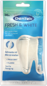 DenTek Fresh & White wykałaczki z nicią dentystyczną 36 szt. w torebce z oknem w kształcie zęba.