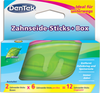 Niciowykałaczki DenTek z miętową nicią dentystyczną, niebieskie opakowanie z zielonym etui podróżnym, widok z przodu.