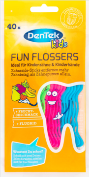 Kolorowe nici dentystyczne DenTek Kids Fun Flossers o smaku owocowym z fluorem, 40 sztuk, front opakowania.
