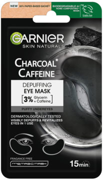 Czarne opakowanie Garnier Charcoal Caffeine depuffing eye mask, widok z przodu, do redukcji opuchniętych oczu.