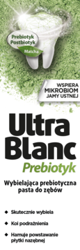 Ultra Blanc Prebiotyk: wybielająca pasta do zębów. Pionowy baner z ilustracją zęba w zielonym pudrze matcha.