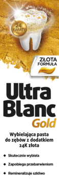 Ultra Blanc Gold, wybielająca pasta do zębów z 24K złotem. Widok promocyjny na złotym tle z grafiką zęba.