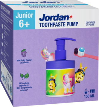 Fioletowe opakowanie pasty Jordan Junior 6+ w pompkowej butelce 150ml, z motywem jednorożców i postaci z kreskówek.