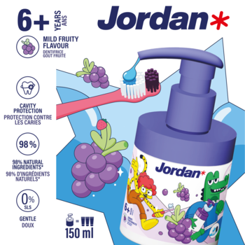 Fioletowa pasta Jordan 6+ z pompką dla dzieci, winogronowy smak, grafika zwierząt, chroni przed próchnicą.