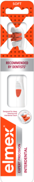 Elmex Expert Precision Interdental Soft szczoteczka w pomarańczowo-białym opakowaniu, widok przodu z włosiem i tekstem 'SOFT'.