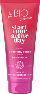 Różowa tuba Be BIO Cosmetics, izotoniczny balsam do ciała REGENERACJA z masłem shea i pantenolem, widok z przodu.