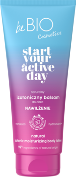 be BIO Cosmetics naturalny izotoniczny balsam do ciała. Niebiesko-różowa tubka, widok z przodu, 99% naturalnych składników.