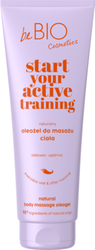 Fioletowa tubka be BIO oleożelu do masażu ciała, z napisem "start your active training", widok z przodu.