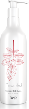 Balsam do ciała Forest Blend regenerujący Delia, biała butelka z pompką i czerwoną grafiką roślinną.