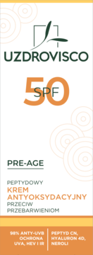 UZDROVISCO Peptydowy Krem Antyoksydacyjny SPF 50, białe opakowanie, pomarańczowy napis, widok z przodu.