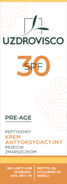 Białe opakowanie Uzdrovisco SPF 30 kremu przeciw zmarszczkom z filtrem UVA/UVB, widok z przodu.