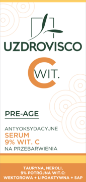 Uzdrovisco antyoksydacyjne serum z 9% witaminą C, białe opakowanie z pomarańczowymi elementami, widok frontalny.